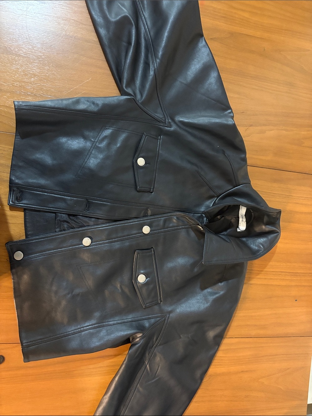 Black Leather Button-Front Jacket - Women's